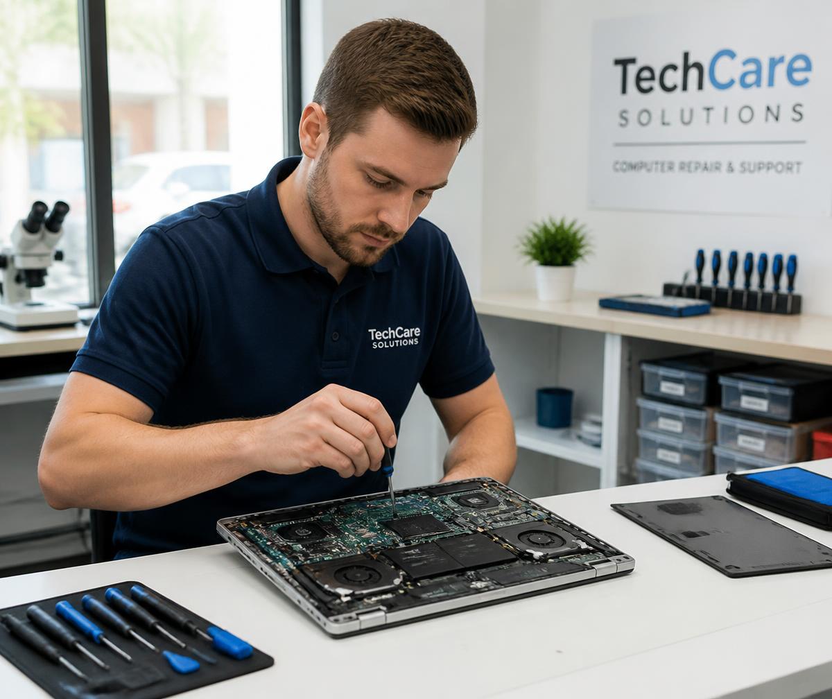Teknisi profesional Fachrum Computer memperbaiki laptop